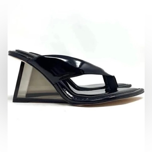 GOOD AMERICAN CINDER F*UCKING RELLA CLEAR WEDGE SANDAL BLACK PATENT LEATHER NWOB - Picture 1 of 15